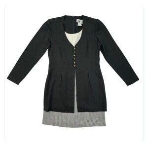 DBY Ltd Black Dress Size 3 Long Sleeve Check Hem Vintage Mod Career Retro